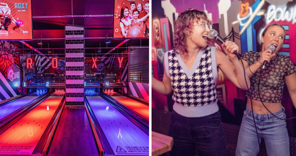 Roxy Ball Room bowling alley / Two people singing karaoke