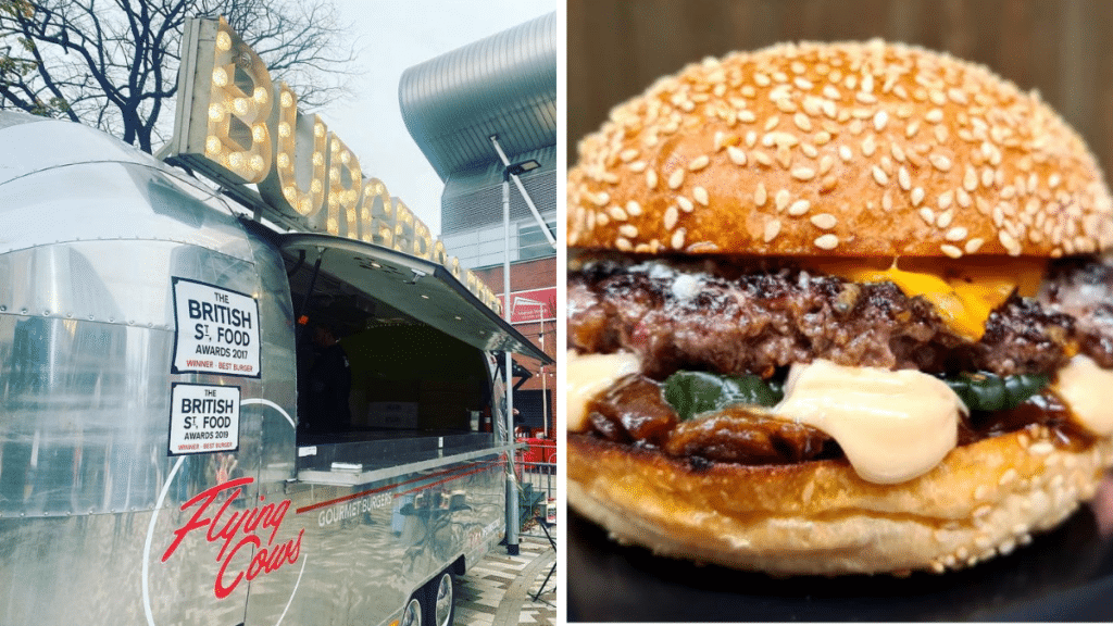 Flying Cows' food truck and Shiitake burger, which has been nominated for the National Burger Awards
