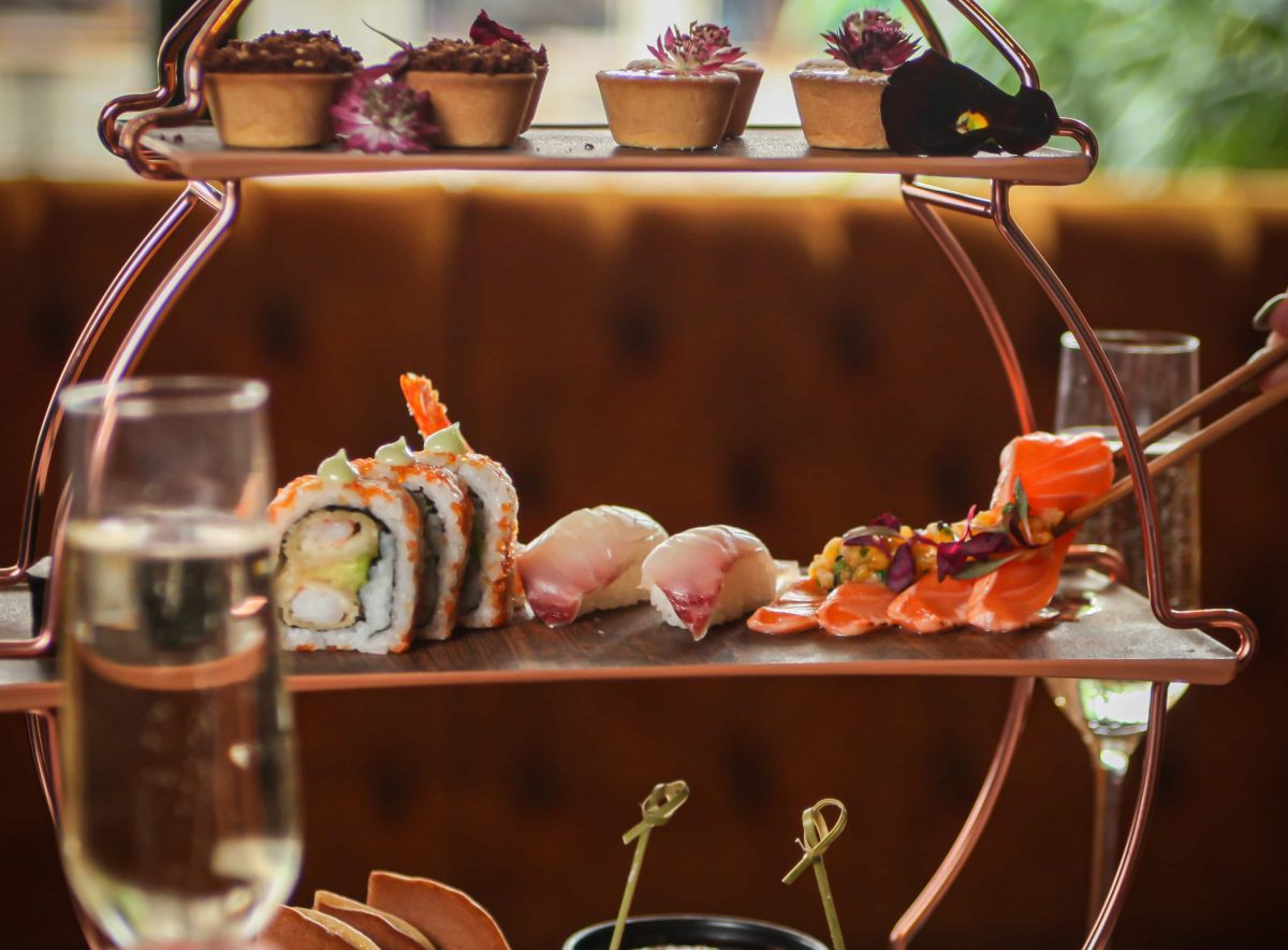 kibou-afternoon-tea-tier-with-sushi-and-sweet-tartlets-and-champagne