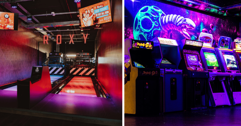 Two activity bars in Birmingham: Roxy Ball Room with a bowling alley and NQ64 with lots of arcade games