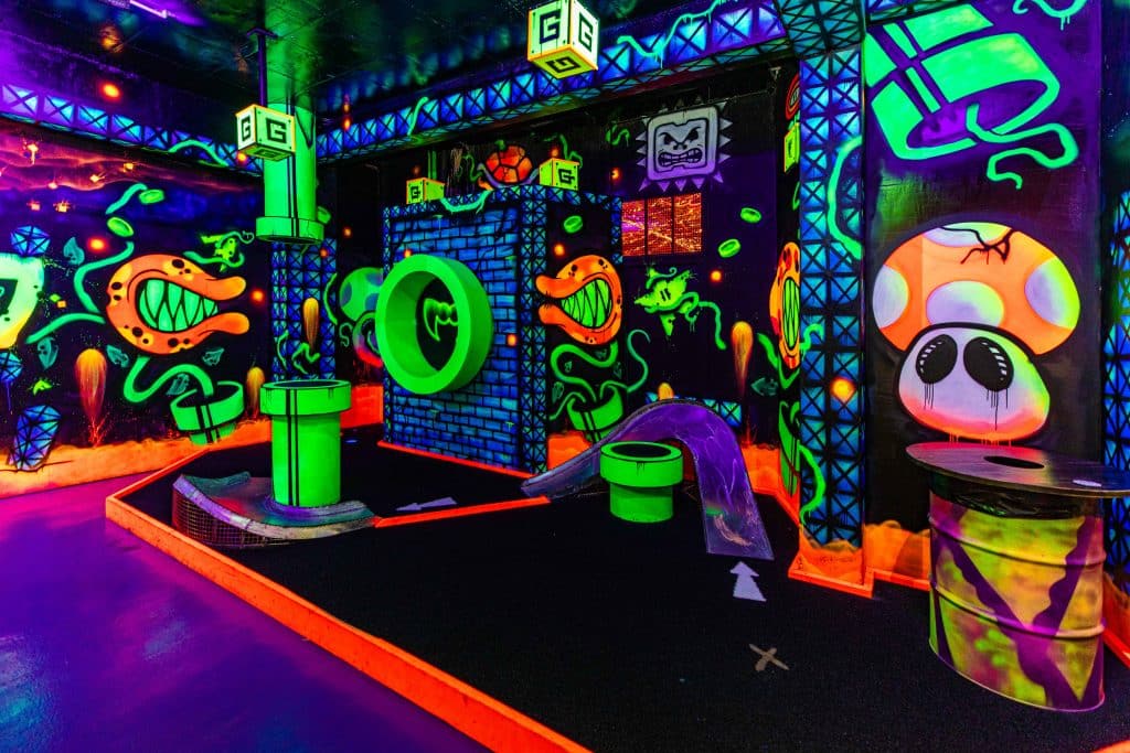 Neon crazy golf hole at Golf Fang