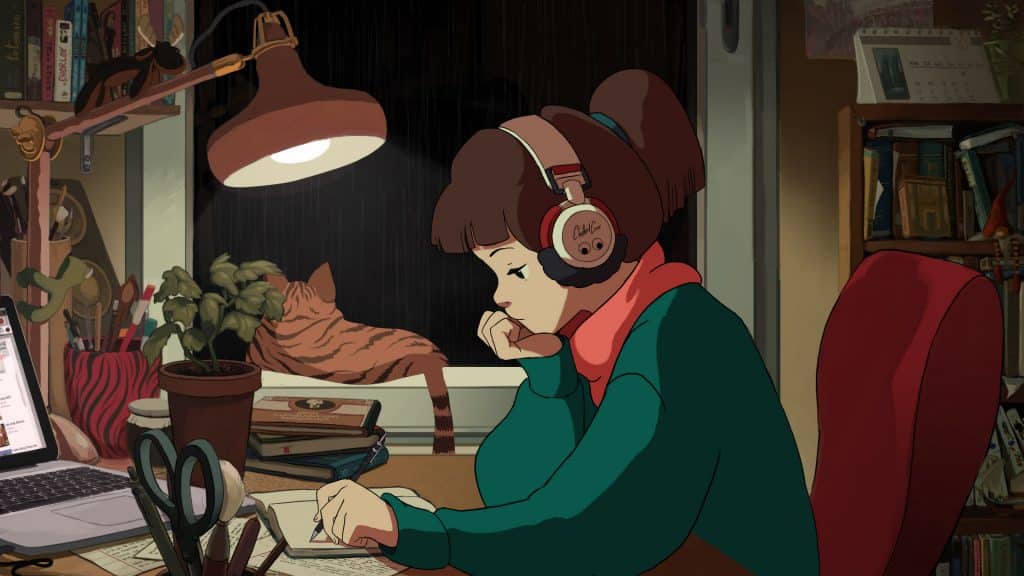 An anime girl studying and listening to music at her desk / best Birmingham cafes