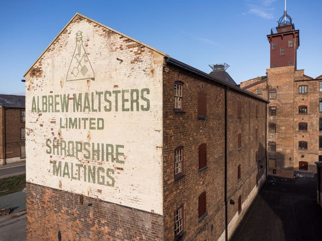 Shrewsbury Flaxmill Maltings, Spring Gardens, Ditherington, Shrewsbury, Shropshire. Drone photography, aerial view of the Cross Mill. View from the west.