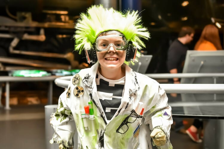 A young boy dressed up as a mad scientist for Halloween in Birmingham