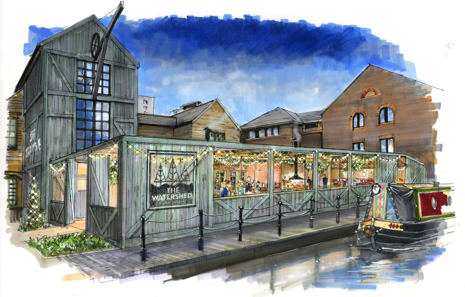 A sketch drawing of The Watershed venue, a pergola on the canal