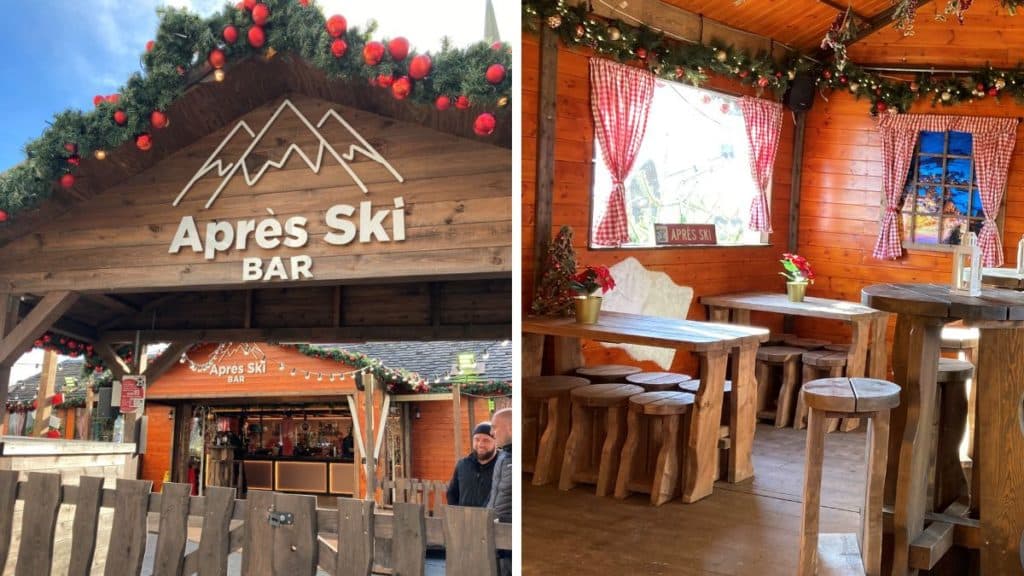 Front of Apres Ski Bar and inside a chalet, all designed to look like a ski lodge