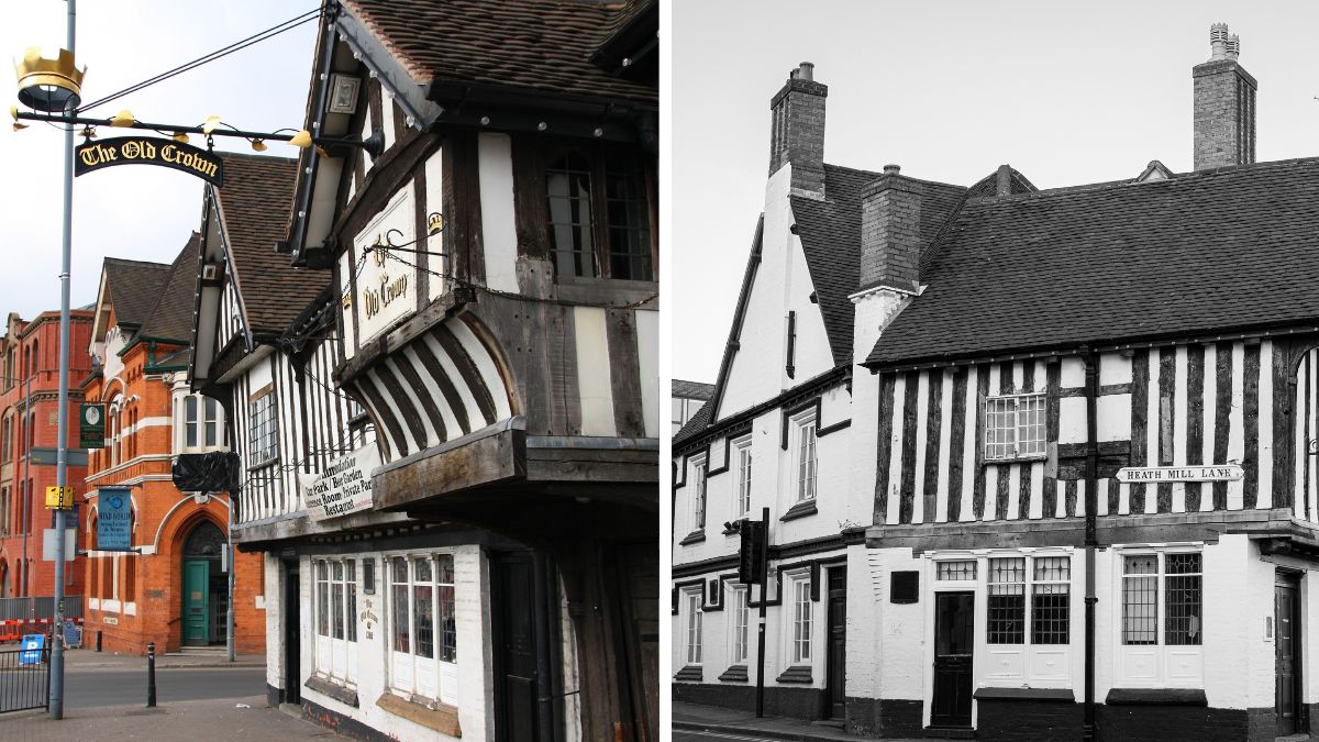The Old Crown with black and white timber extre: one in colour the other in black and whiterior, two photos