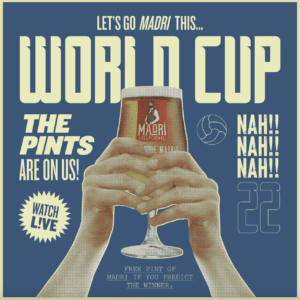 World Cup poster from The Watershed, hands holding up a pint