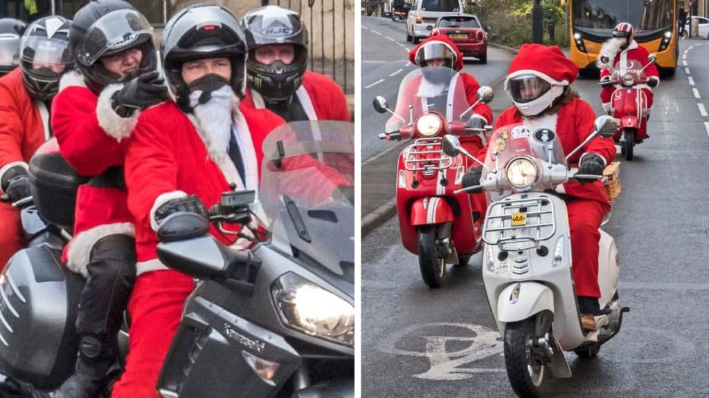 People dressed up for Santa's On A Bike as santa on motorbikes and scooters