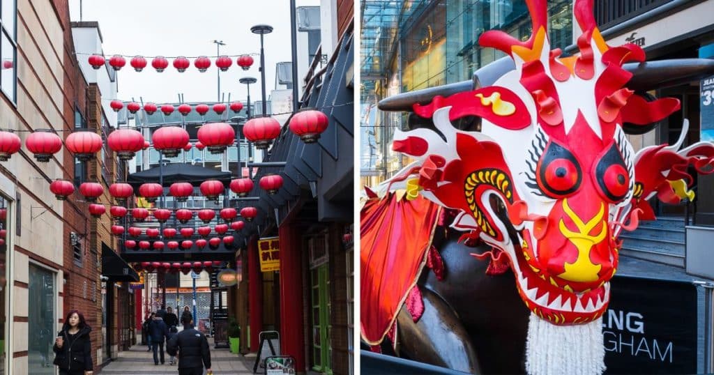 Chinese new year celebrations in Birmingham with lanterns and the Bullring bull dressed as a dragon