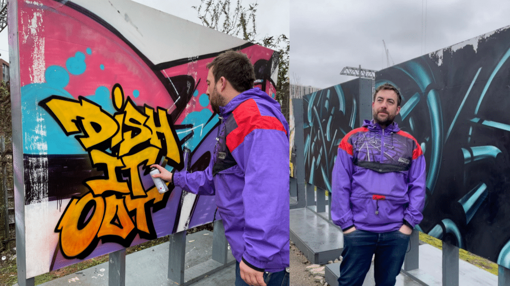 Manchester-based graffiti artist Qubek, spray-painting 'Dish It Out' at Grand Central in Birmingham