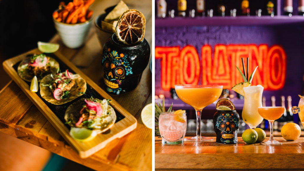 A selection of tacos and cocktails, like a mojito and margarita, from Tio Latino