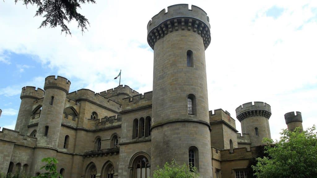 Views of the 19th century castle Eastnor Castle on its Eatnor Estate, from the HBO Tv show Succession