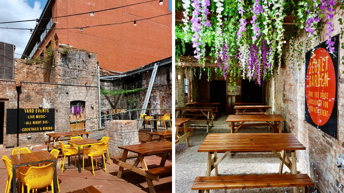 Tables and chairs and benches at an outdoor venue in the Jewellery Quarter, The Yard from The Button Factory, with hanging flowers