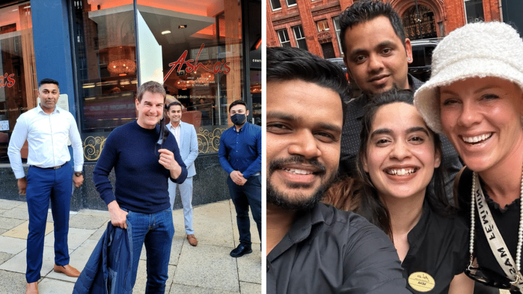 Tom cruise stood outside of Asha's in Birmingham and Pink taking a selfie with the staff