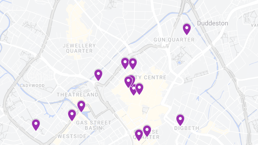 a map of budget pubs in Birmingham