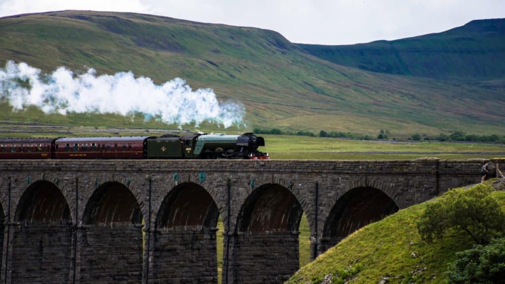 The Flying Scotsman runs across the Ribble Head viaduct in the Yorkshire Dales