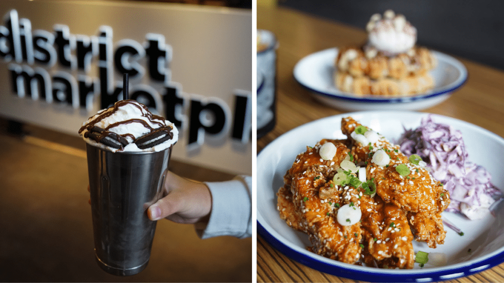 A milkshake, chicken wings and waffles from District Marketpalce