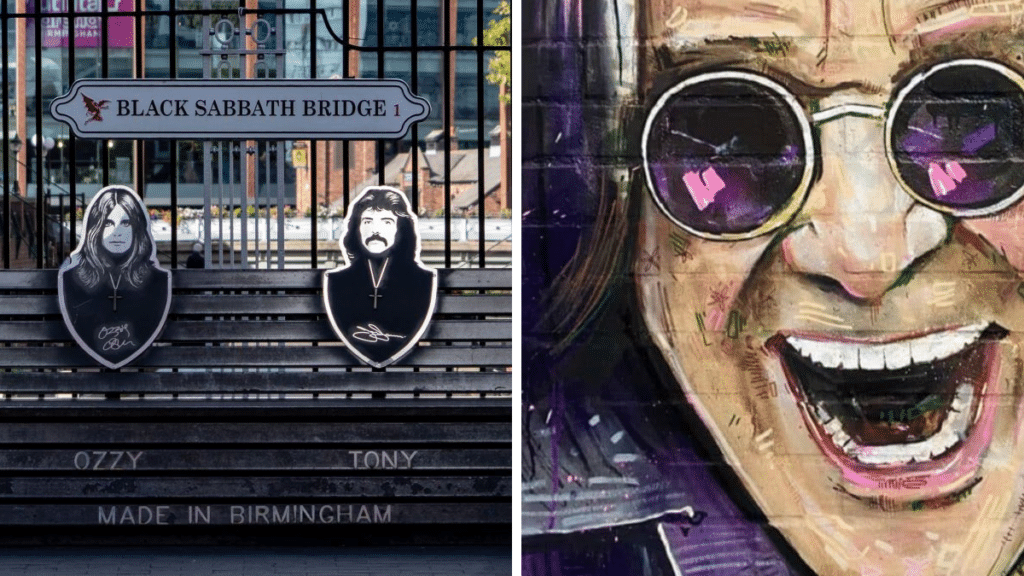 Birmingham UK street scene with Black Sabbath Bridge, on our heavy metal locations + Ozzy mural