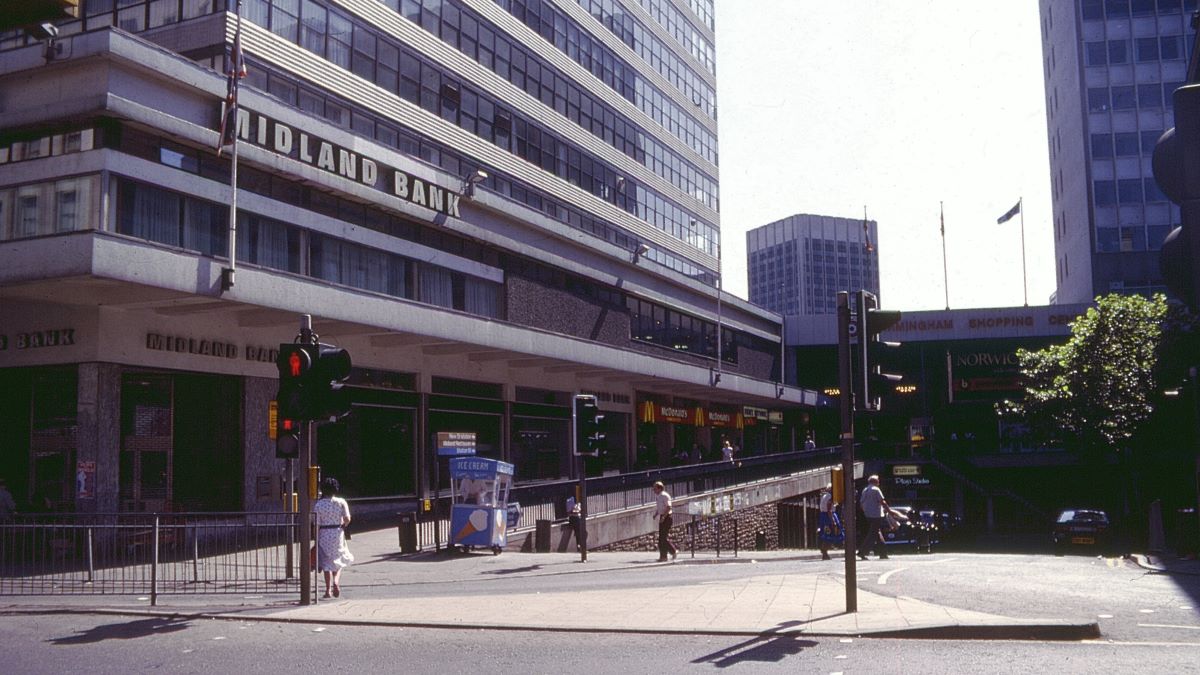 Stephenson Place and the ramp to the Birmingham Shopping Centre and New Street Station, on 14 August 1983