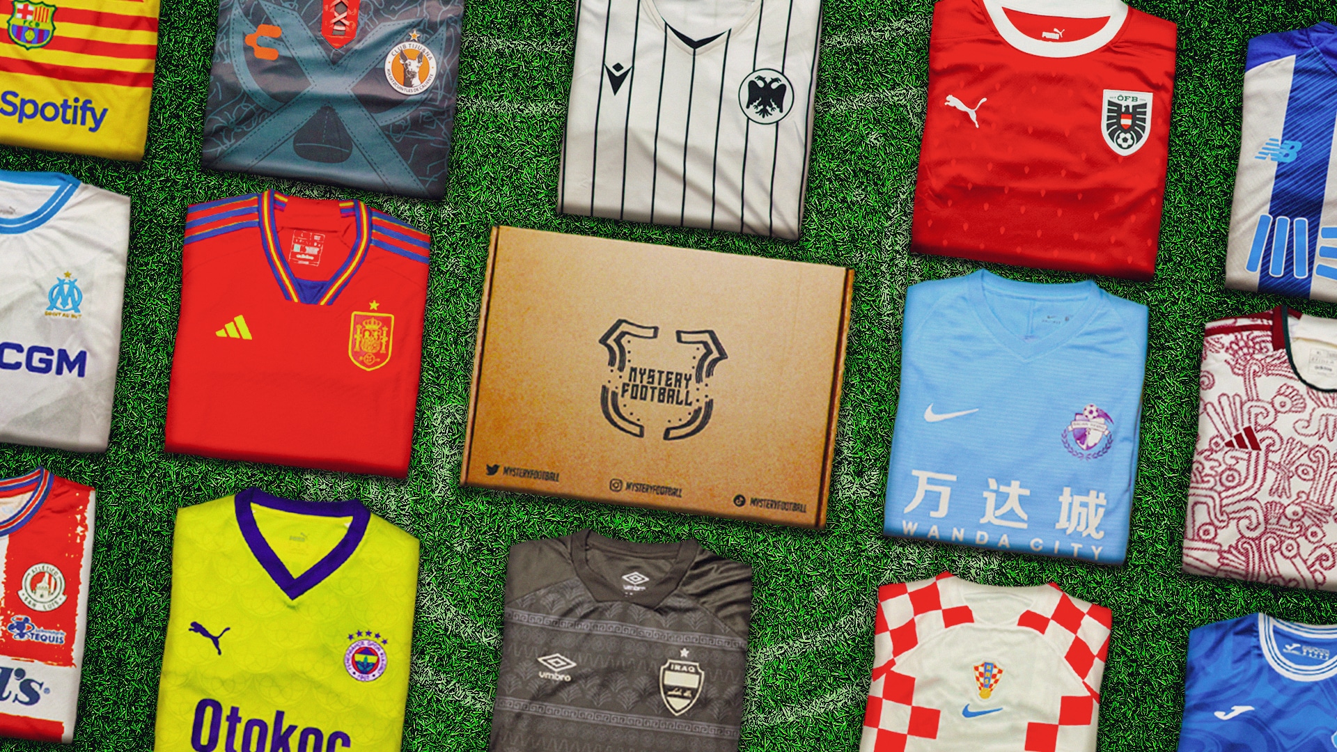 A variety of football shirts offered by Mystery Football