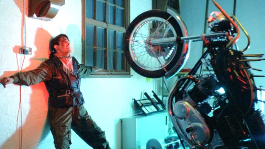 A shot from I Bought A Vampire Motorcycle, with Neil Morrissey's character Noddy confronted by his killer motorcycle