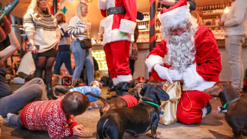 Santa CLaus playing with a dachshund and children at POP+Bark's dog meet-up