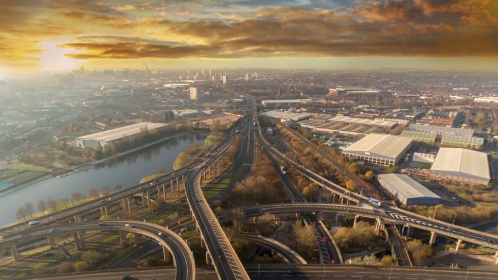 Birmingham city centre and spaghetti junction at sunset