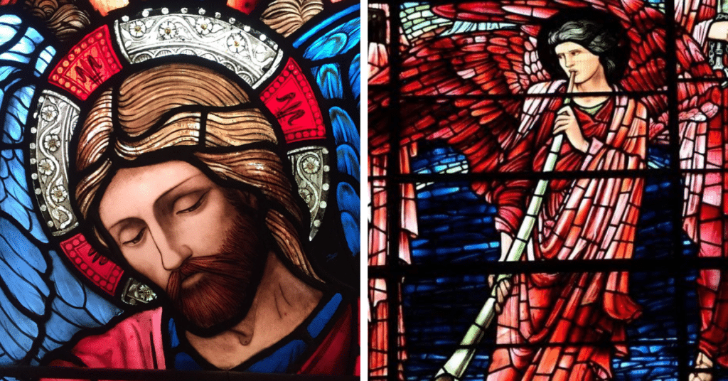 Stained-glass windows at Birmingham cathedral, depicting Jesus and an angel blowing a trumpet