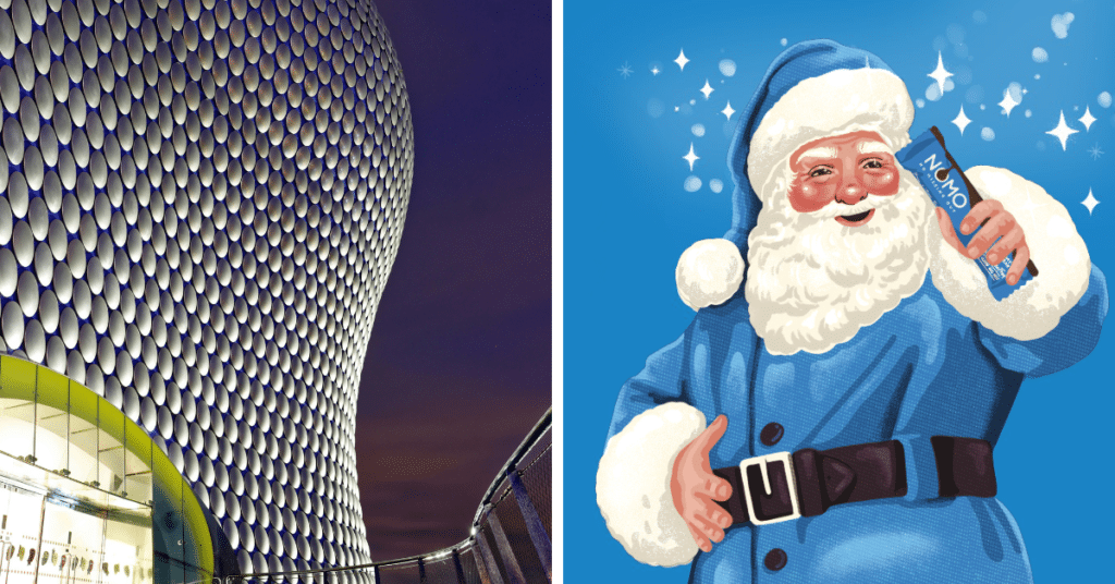 the Bullring shopping centre and a blue NOMO santa